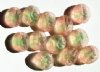 12 16x14x8mm Matte Textured Two Tone Green & Pink Flat Oval Beads 